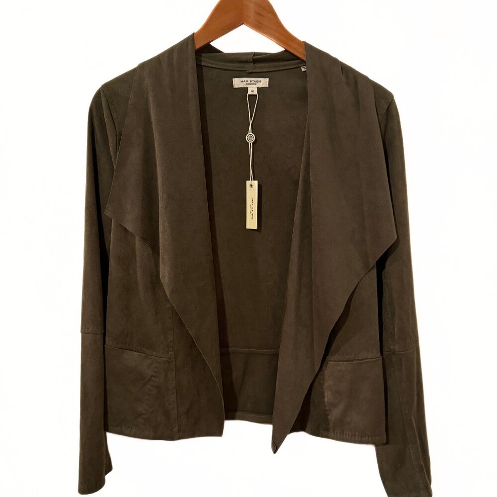 Max Studio Suede Open Front Jacket in Military Green, NWT